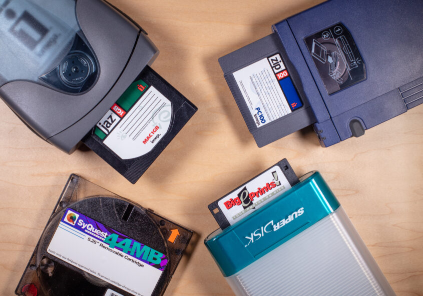 Obsolete digital storage formats including Syquest, floppy disk, Jaz drive, and Zip drive - old storage formats