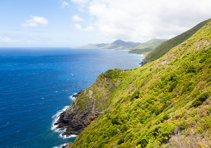 Tropical coast with blue water and green mountains