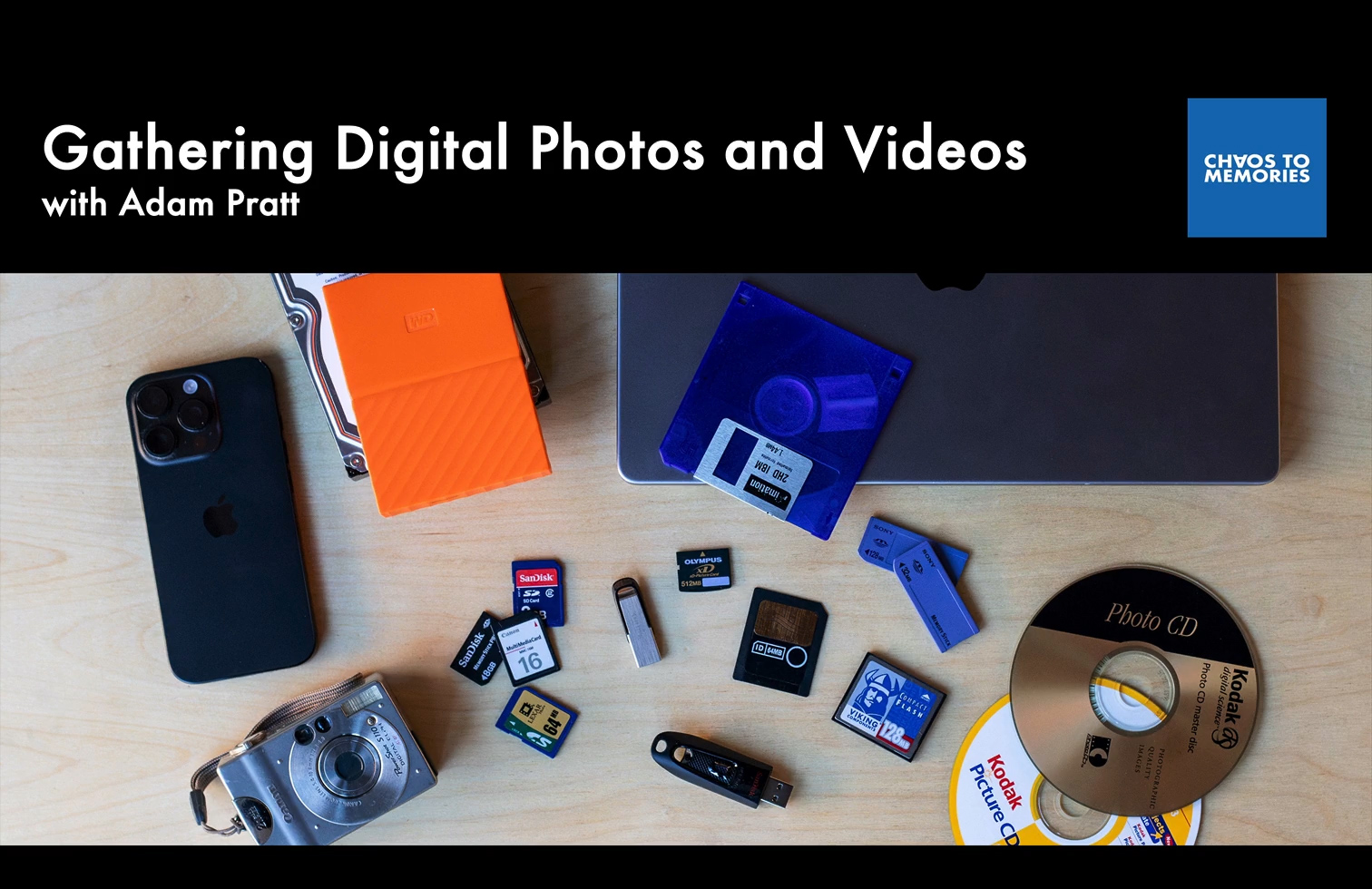 Title screen of Digital Gathering Course, many digital memory formats on a wood desk